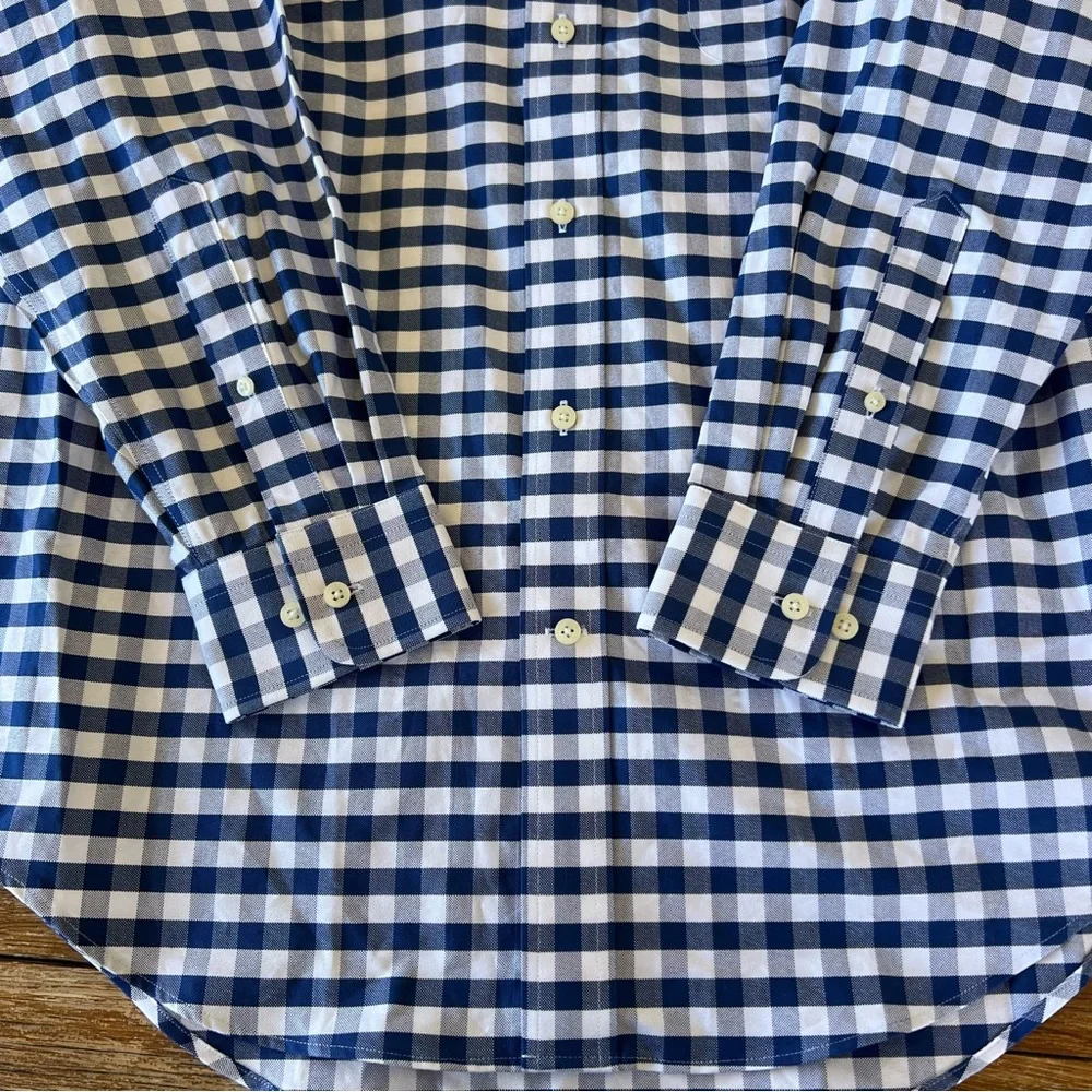 Lands’ End 15 1/2-32 Traditional Fit Navy Checked Button Long Sleeve Dress Shirt